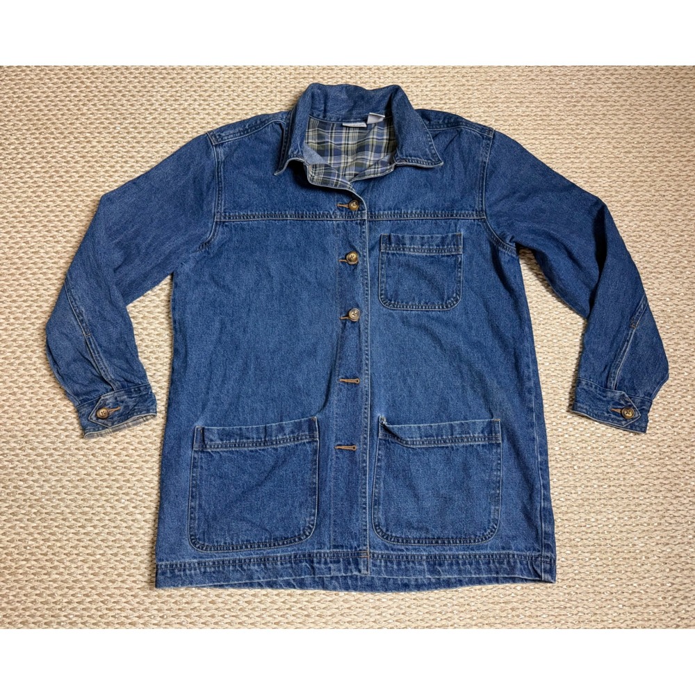 Cabin Creek vintage Denim Barn Jacket Plaid Flannel Lined Chore Coat country  M